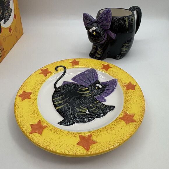 Halloween Matching Black Cat Cup & Dessert Plate Set New Open Box - Picture 2 of 10